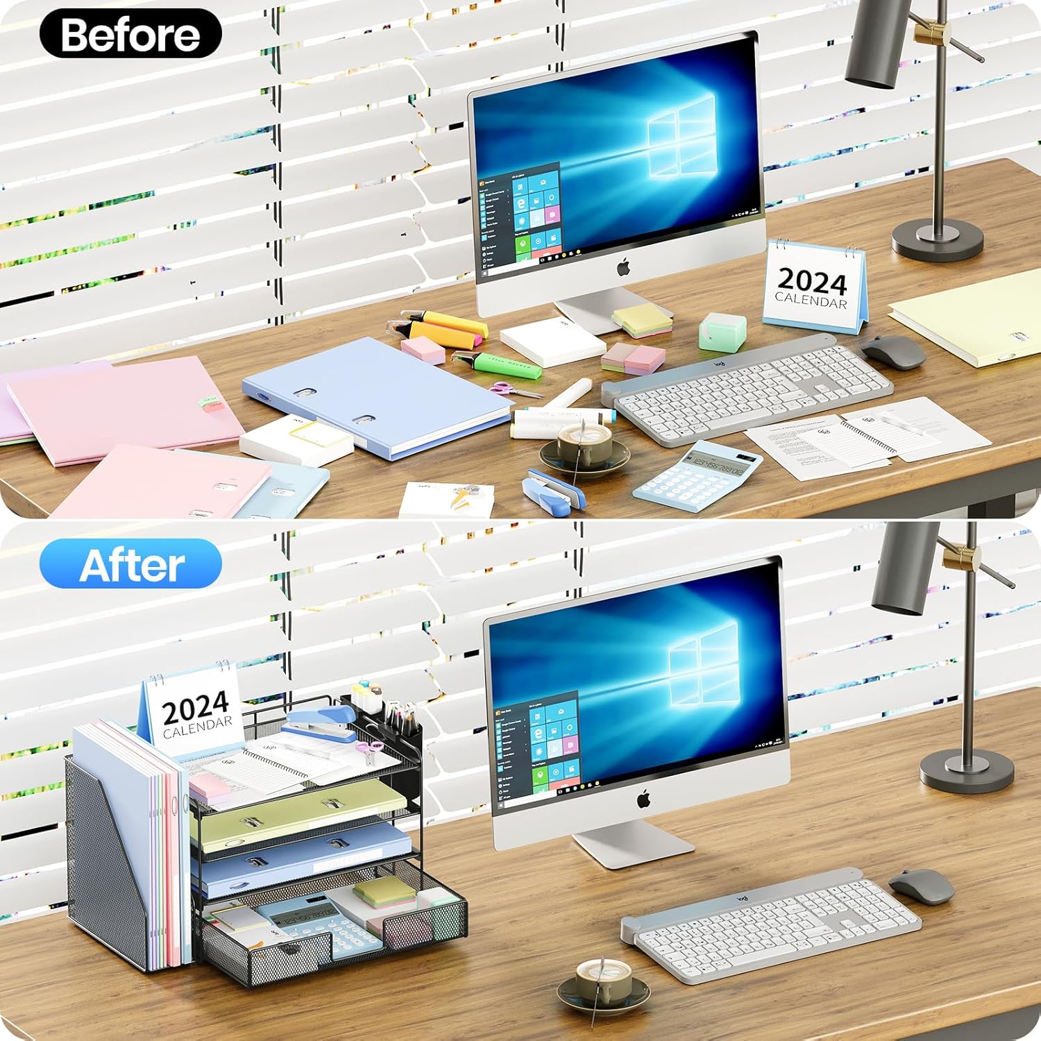 Demonstrates the transformation of a cluttered desk to an organized workspace, showcasing the effectiveness of the desk organizer product.