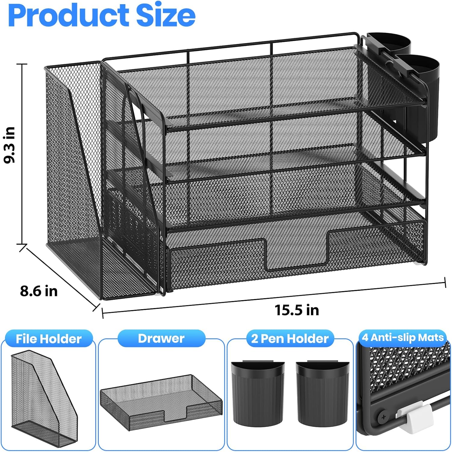 Provides exact measurements of the desk organizer to help shoppers understand its size and fit for their workspace. Shows all the components included in the desk organizer set, highlighting its…