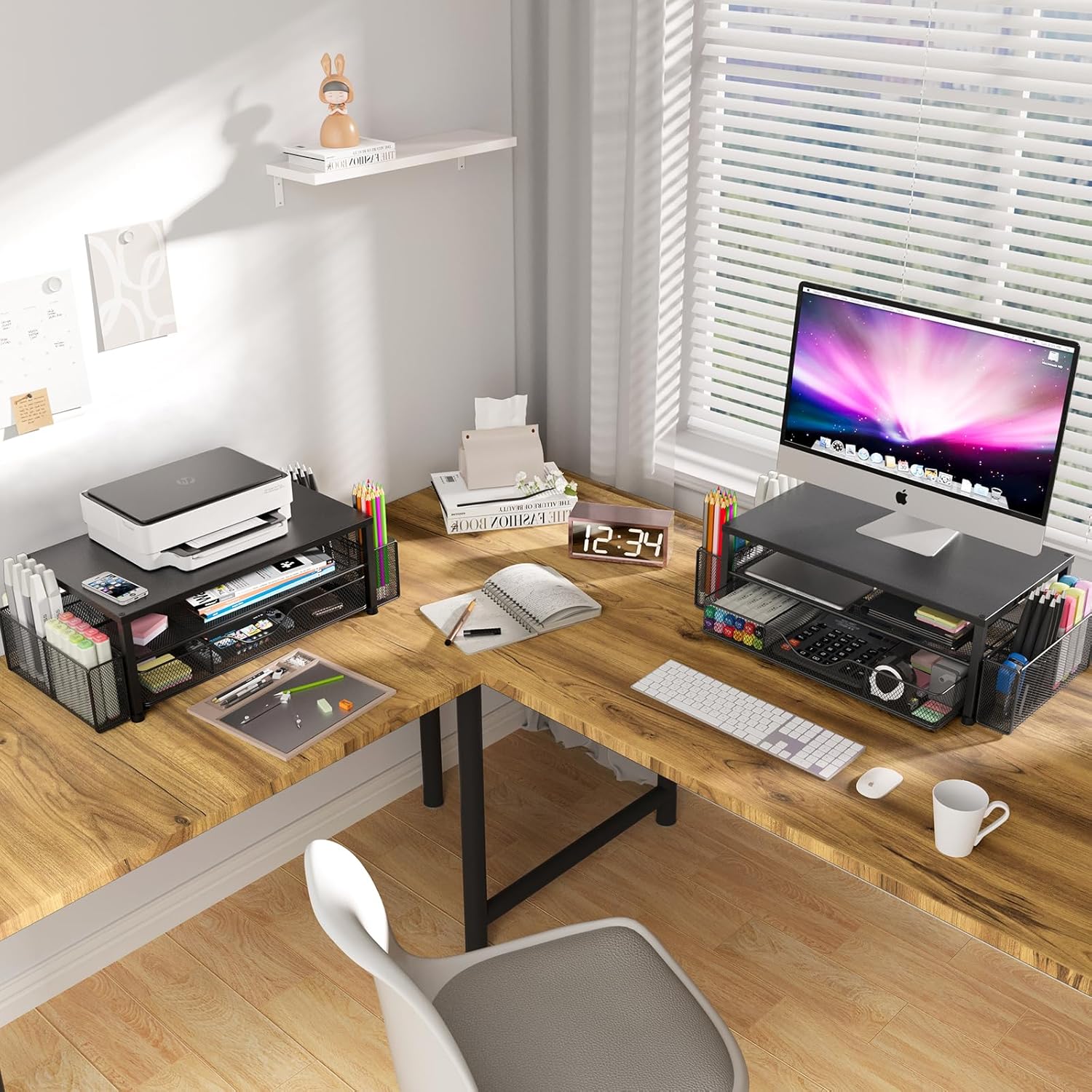 Shows a well-organized, aesthetically pleasing home office setup to inspire customers and demonstrate how the product fits into a productive workspace.