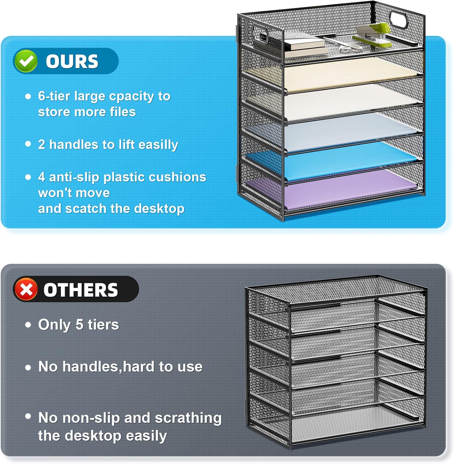 Highlights the superior features of the product compared to competitors, emphasizing larger capacity, better handling, and protective design.
