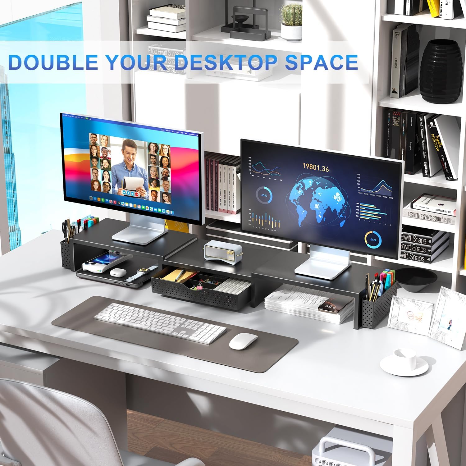 Demonstrates how the product enables a dual monitor setup and organizes the workspace, effectively doubling usable desktop space. Highlights the key benefit of doubling desktop space, emphasizing…