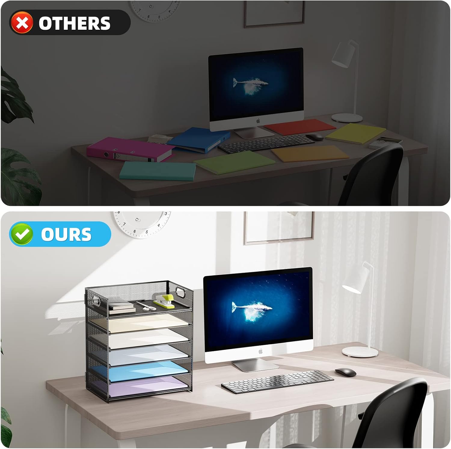 Demonstrates how the product improves workspace organization compared to a cluttered alternative.