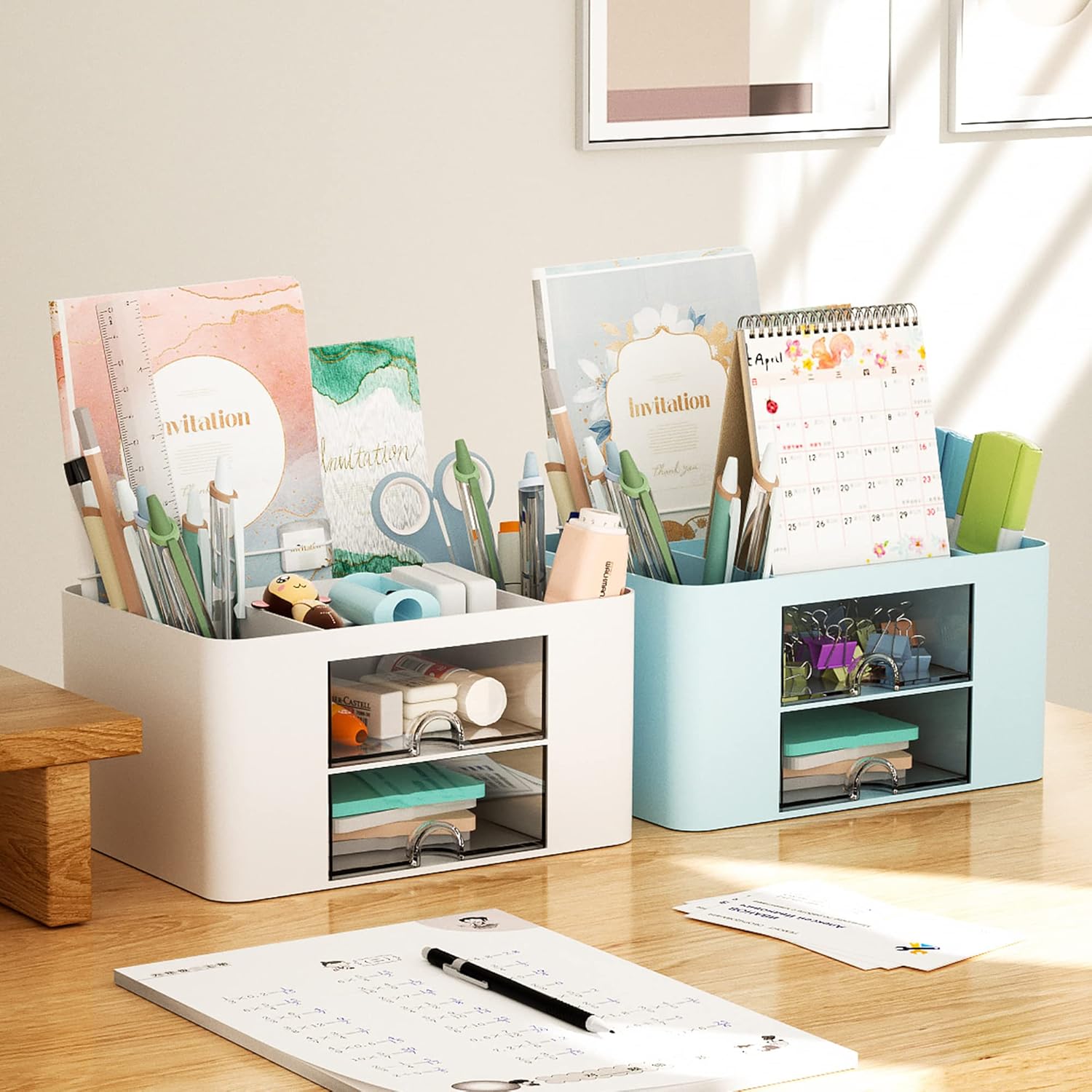 Showcases the various components included in the desk organizer set, demonstrating its capacity to store and organize multiple office supplies.