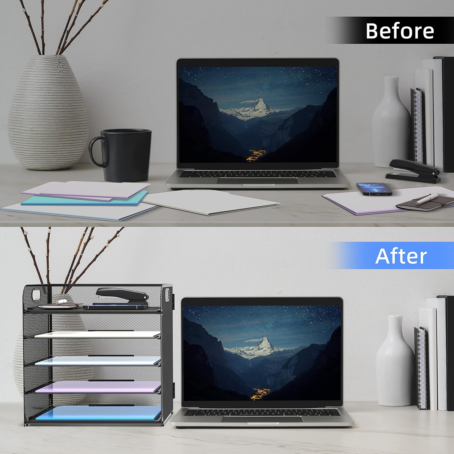 Demonstrates how the product transforms a cluttered desk into an organized workspace, highlighting its effectiveness in improving productivity and aesthetics.
