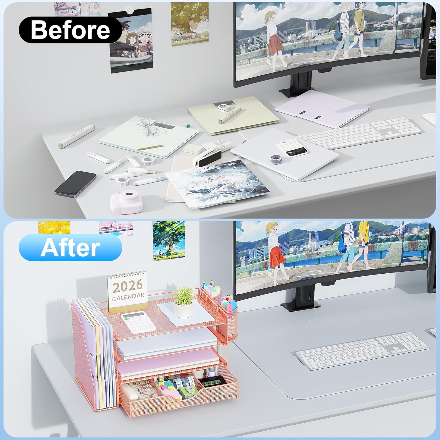 Demonstrates the transformation of a cluttered desk to an organized workspace, showcasing the effectiveness of the desk organizer product.