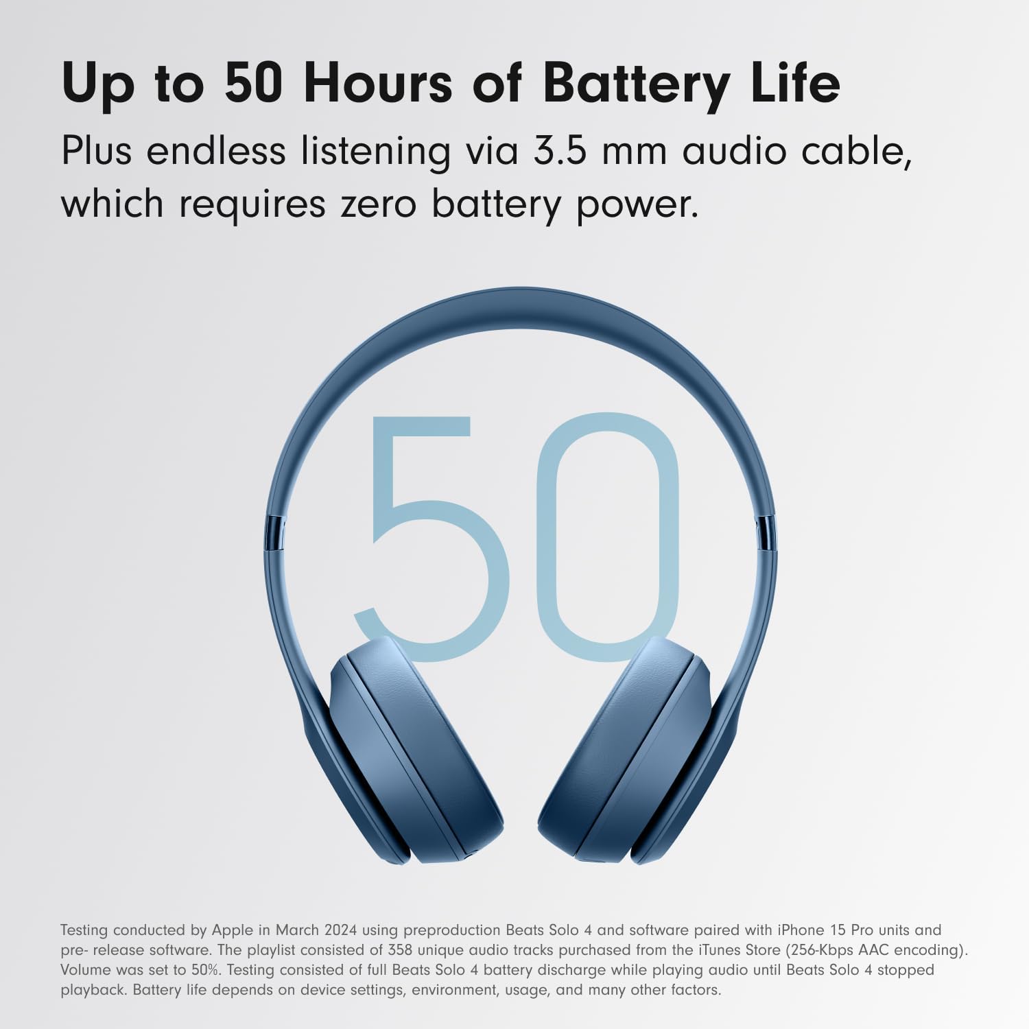 Highlights the long battery life of 50 hours to emphasize the product's longevity and convenience for extended use. Emphasizes the additional benefit of endless listening via 3.5mm audio cable…