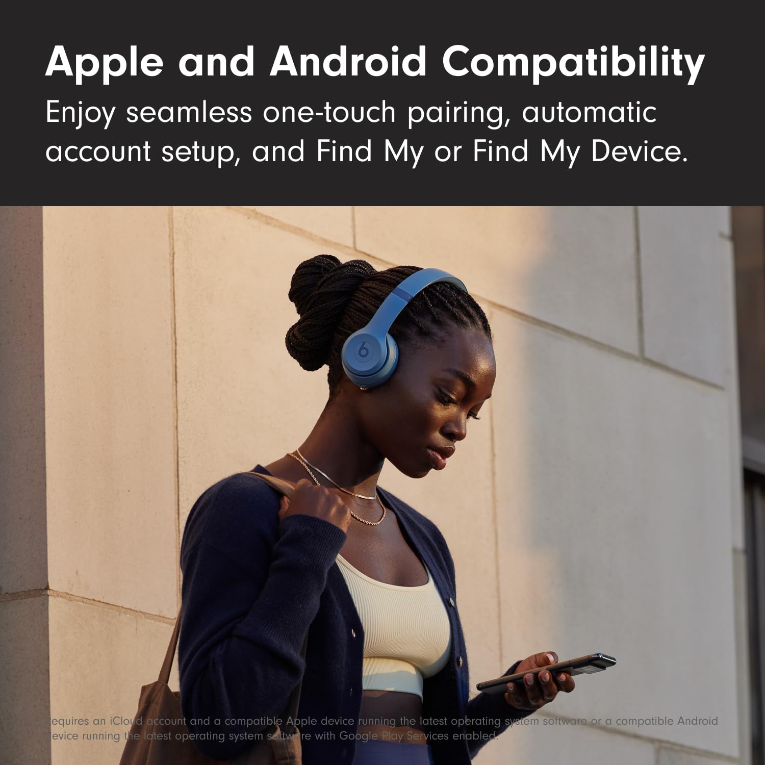 Highlights the product's compatibility with both Apple and Android devices, emphasizing seamless pairing and setup features.
