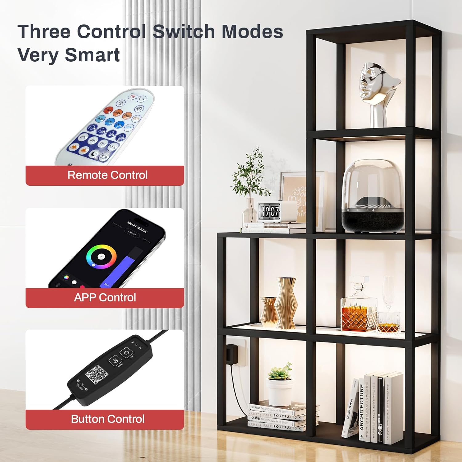 Showcases the product's versatile control methods, emphasizing its smart features and ease of use through remote, app, and button controls.