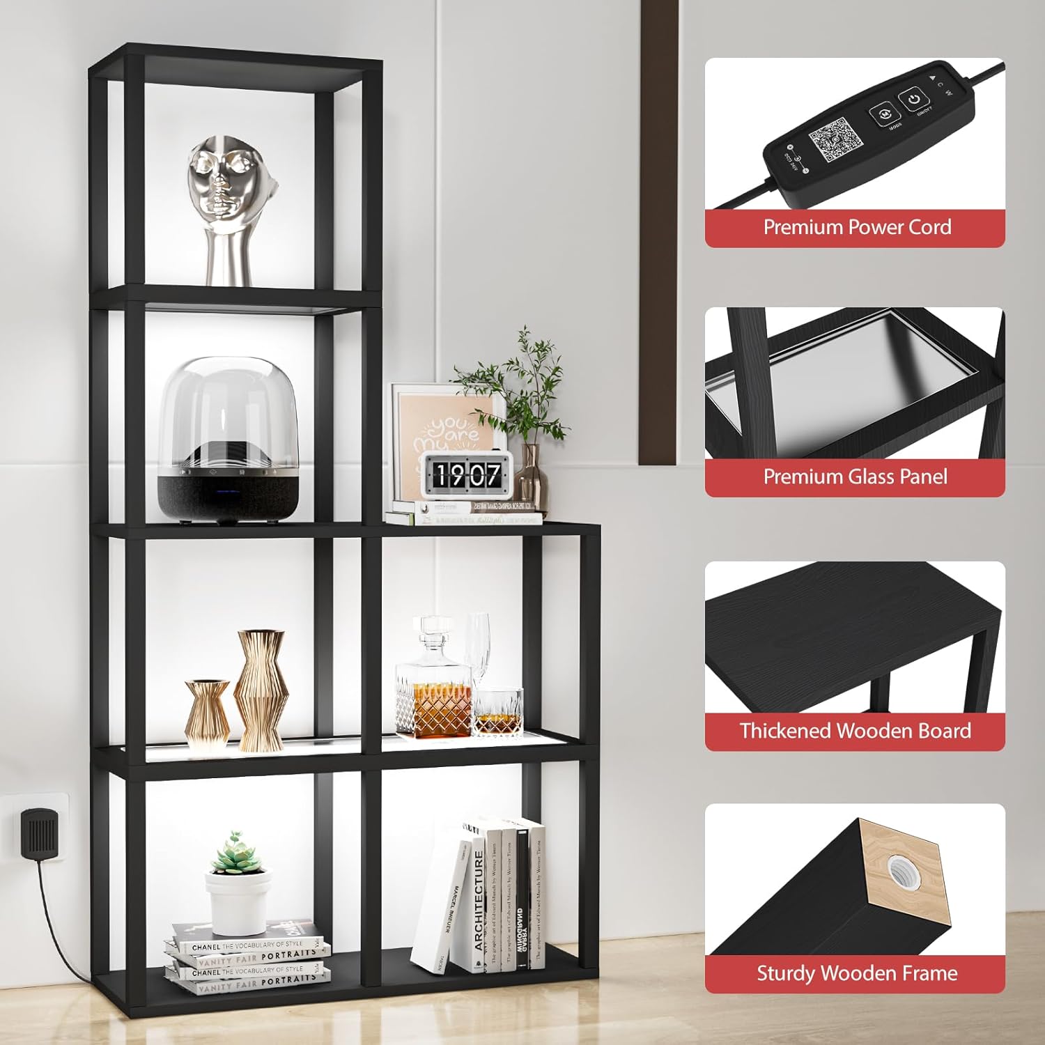 Highlights multiple premium features of the shelving unit to demonstrate its quality and functionality.