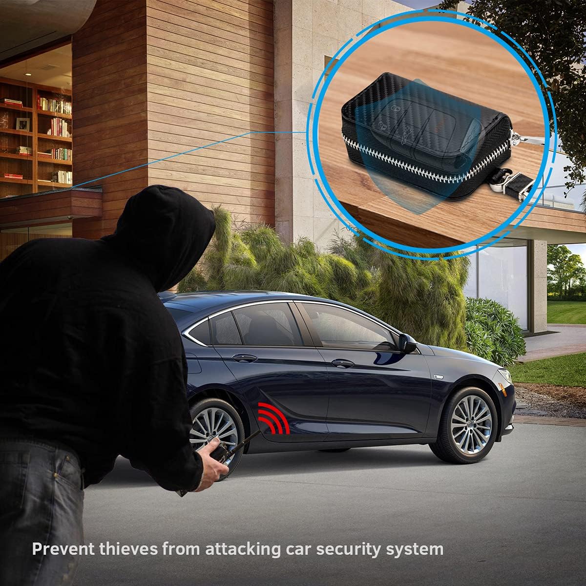 Highlights the product's ability to prevent car theft by blocking thieves from attacking the car's security system.