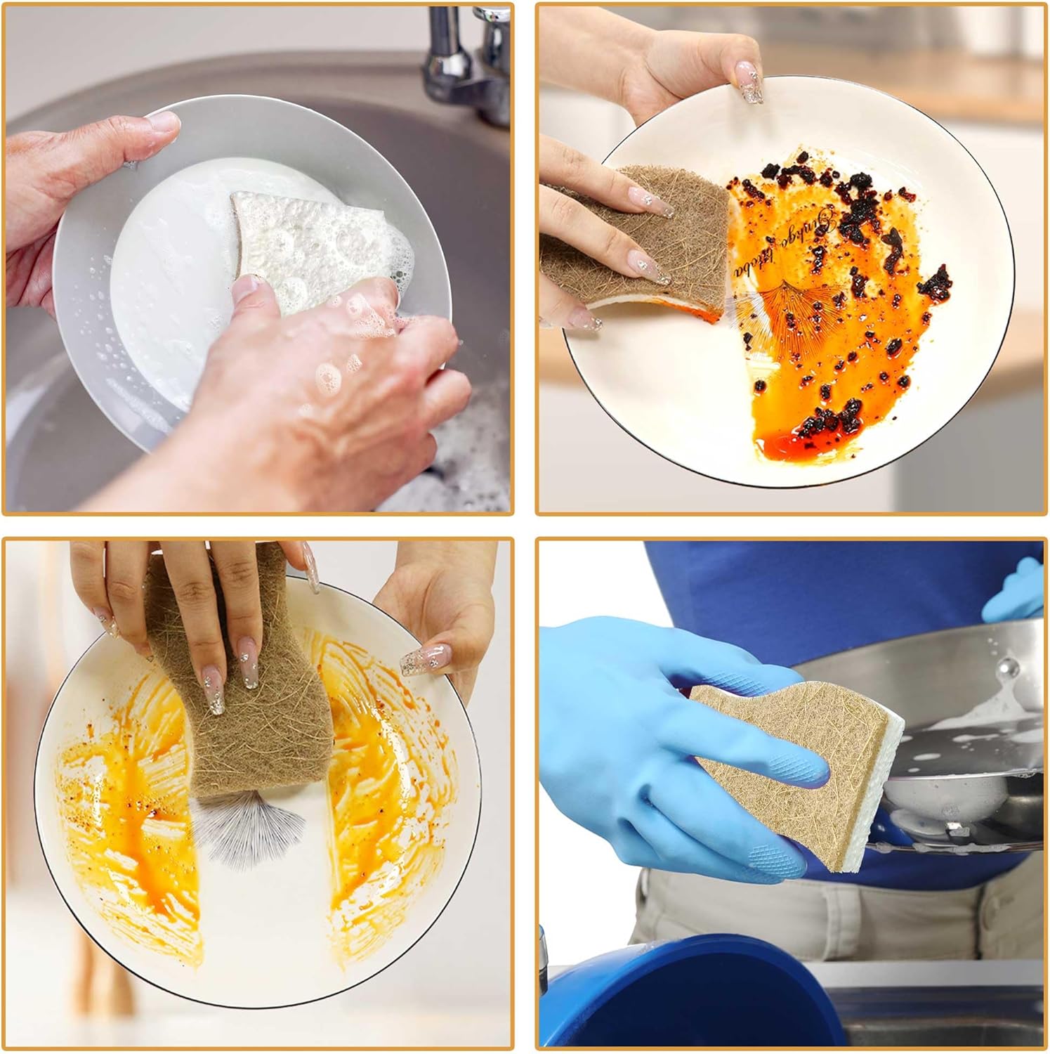 Demonstrates the steps for effectively cleaning dishes using an eco-friendly sponge, showing its versatility in handling different types of food residue.
