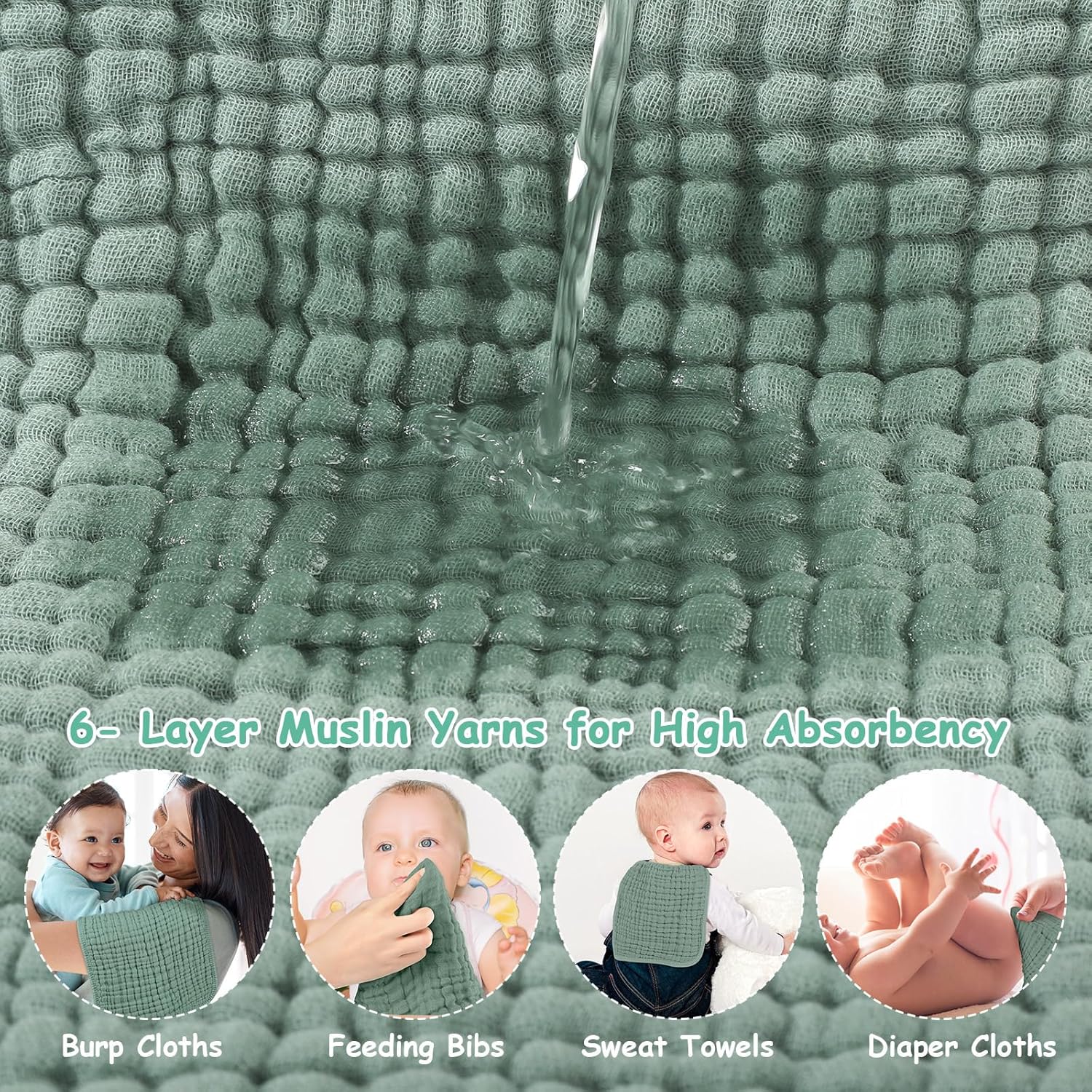 Demonstrates the product's superior absorbency using a water pouring visual, highlighting its effectiveness for various baby care applications. Shows the versatility of the product by illustrating…