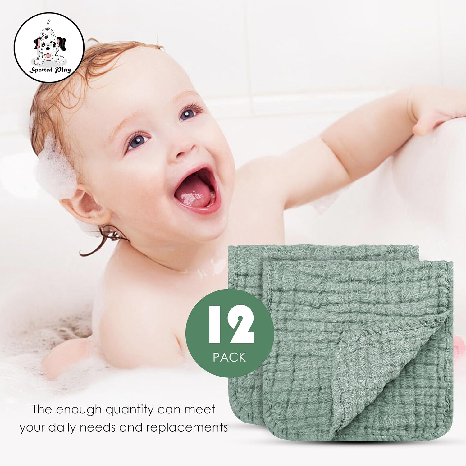 Highlights the 12-pack quantity and soft material of the baby washcloths, emphasizing convenience and comfort for daily use.