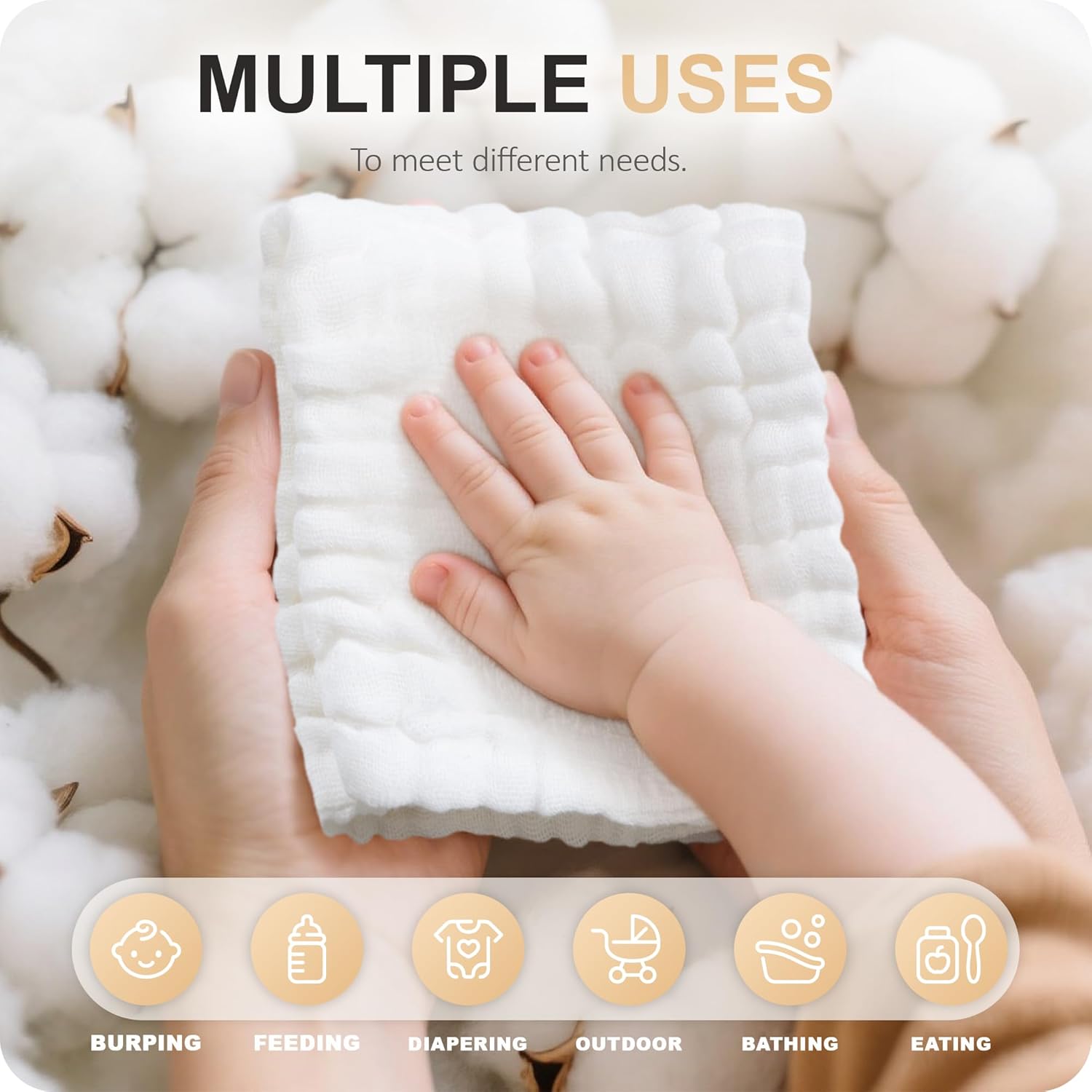 Demonstrates the versatility of the product for various baby care needs, from feeding to bathing.