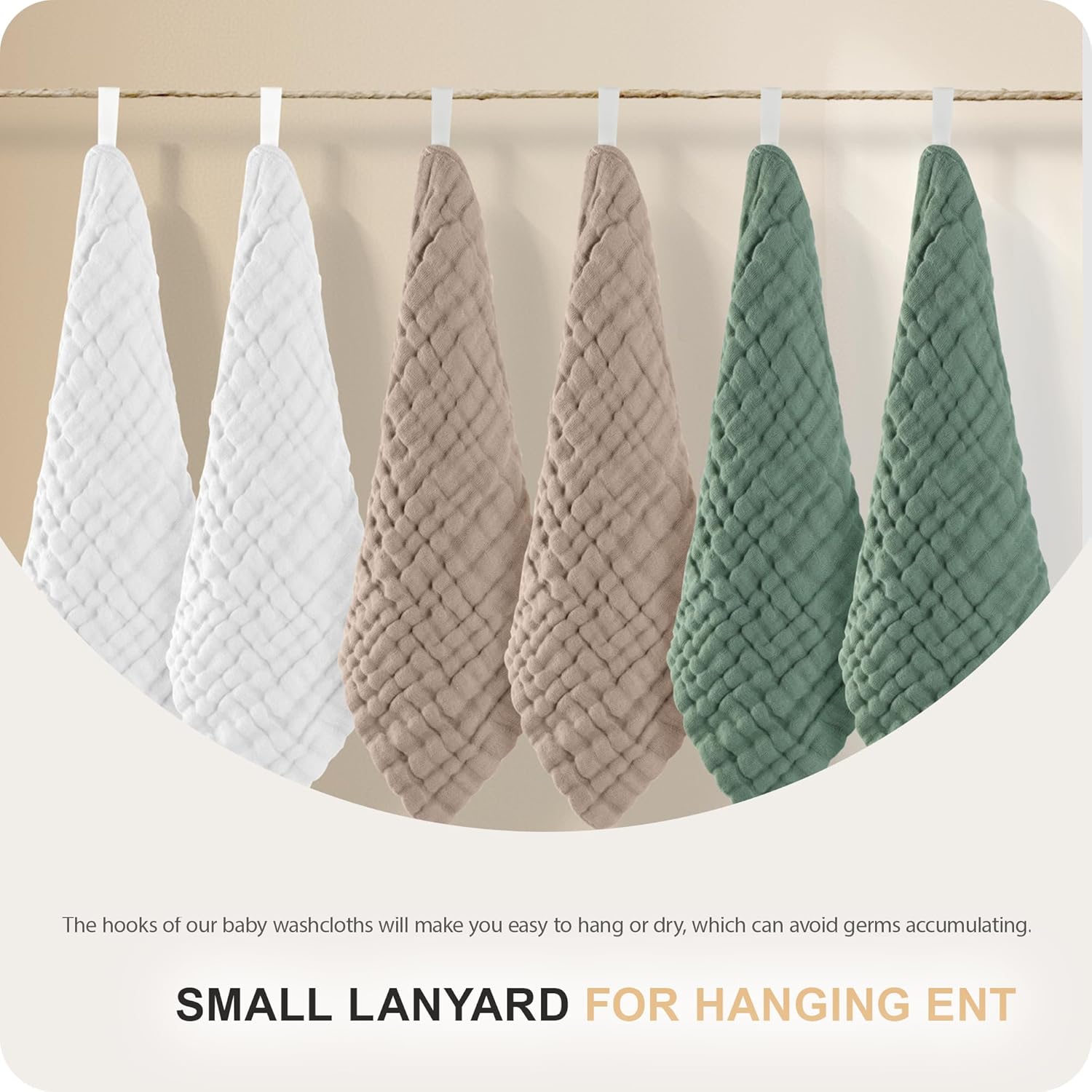 Highlights the convenient hanging feature of the washcloths to promote easy drying and hygiene.