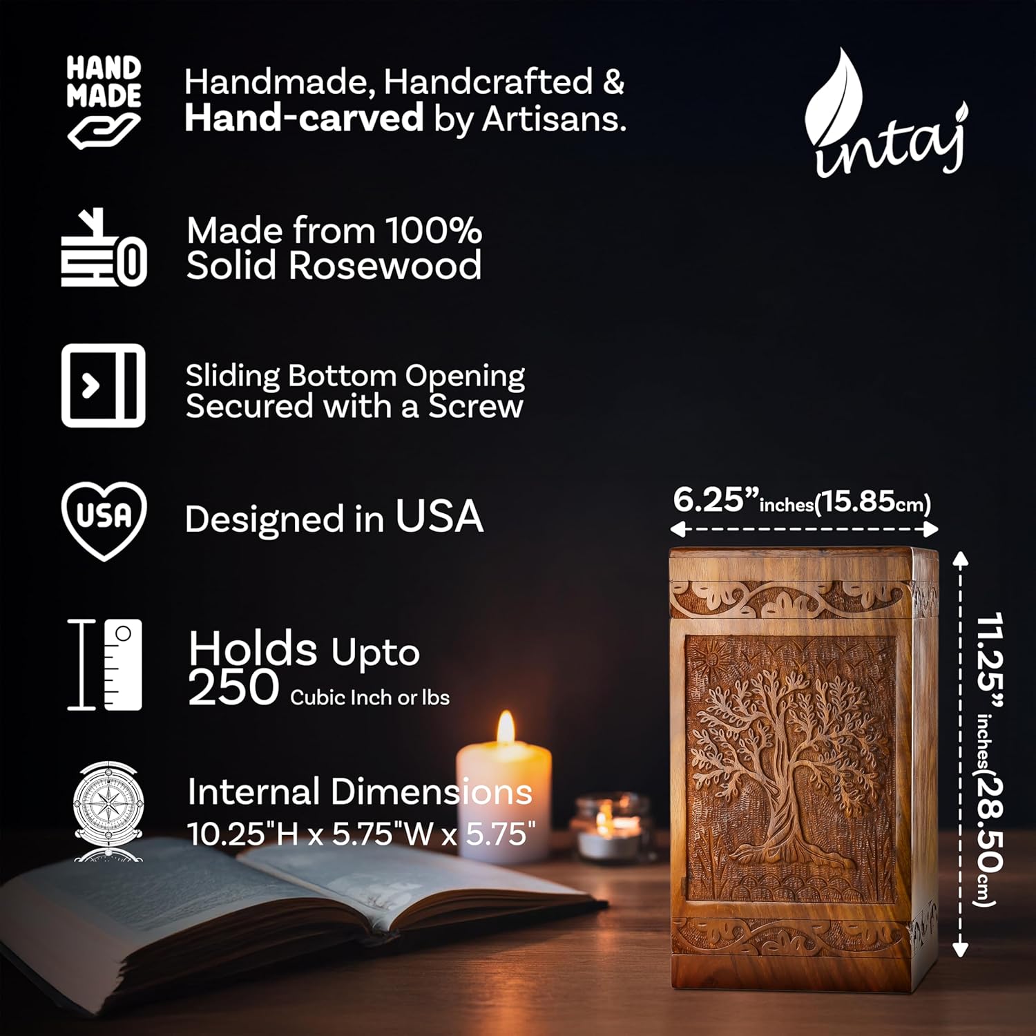 Highlights multiple key features and specifications of the wooden box to showcase its craftsmanship, quality, and practical details.
