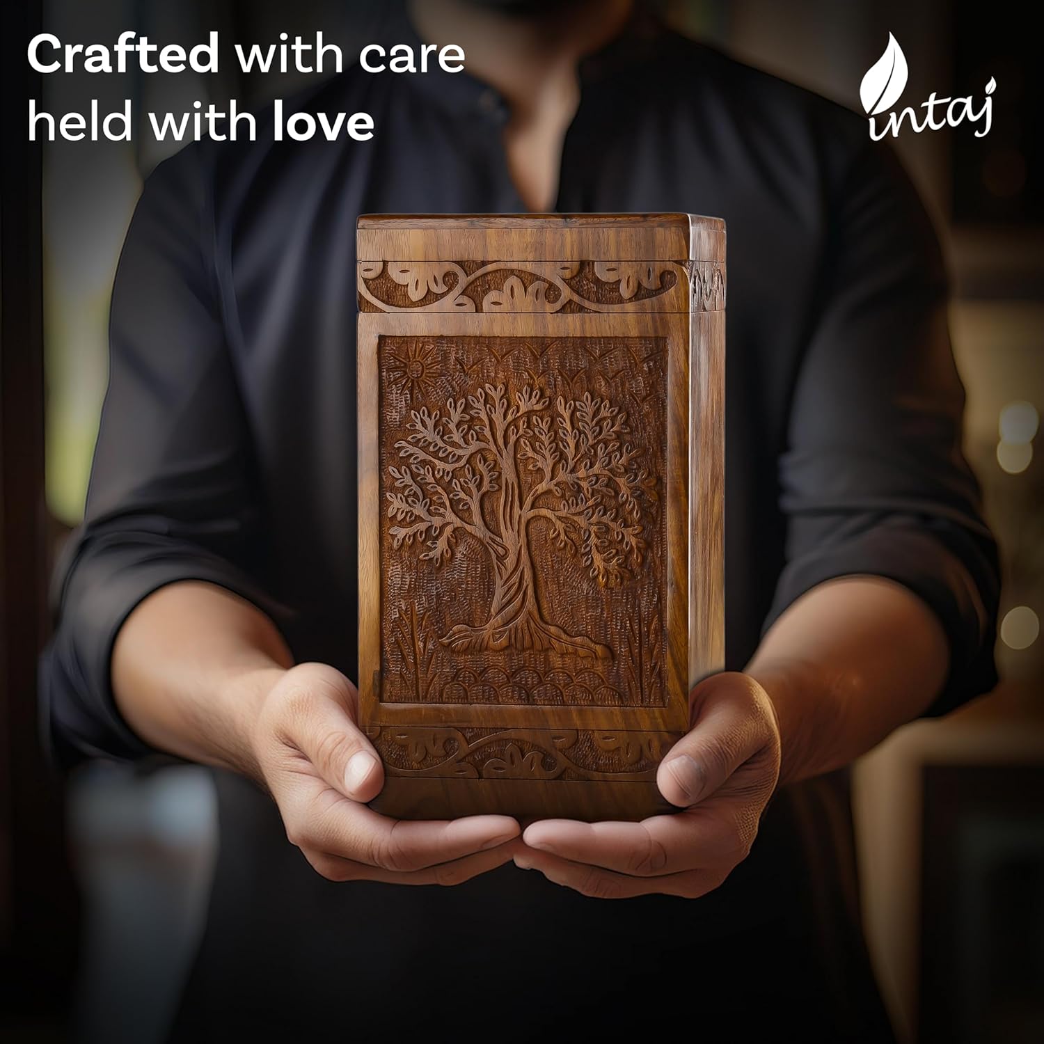 Secondary Images for INTAJ Handcarved Wooden Cremation Urn for Human Ashes