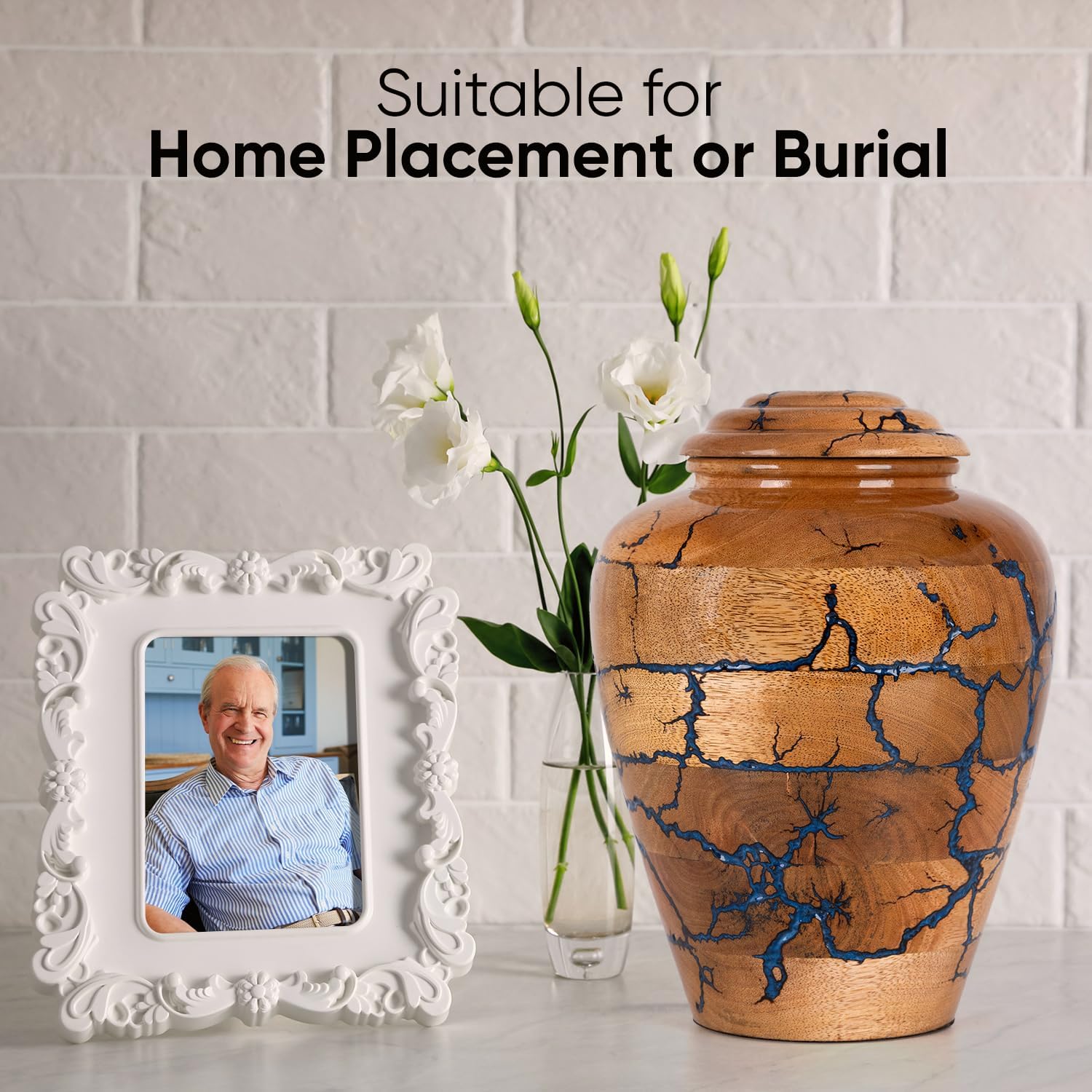 Demonstrates the versatility of the product as both a decorative home item and a functional burial urn, appealing to different customer needs.