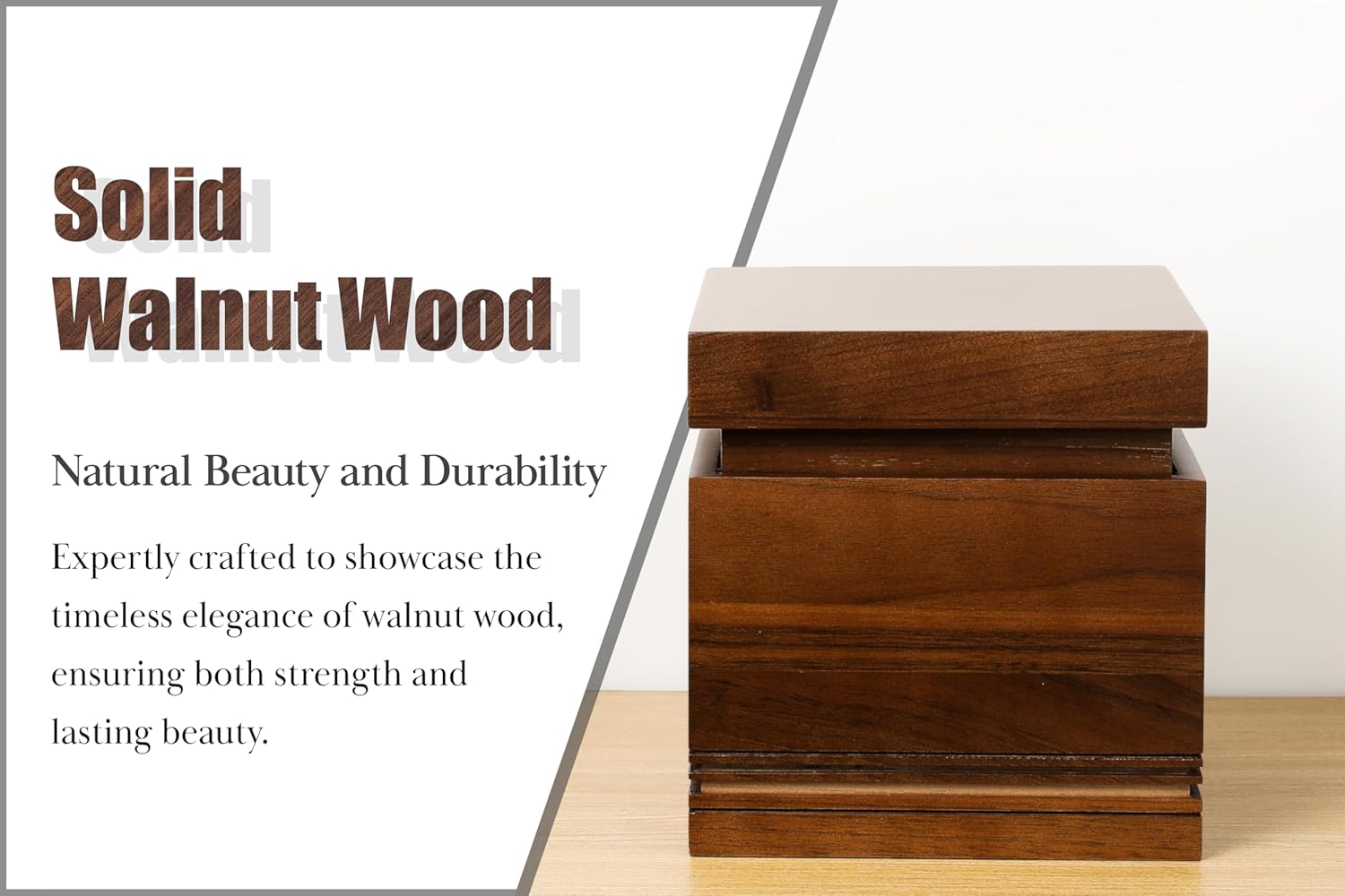 Highlights the product's use of solid walnut wood to emphasize its natural beauty, durability, and high-quality craftsmanship.