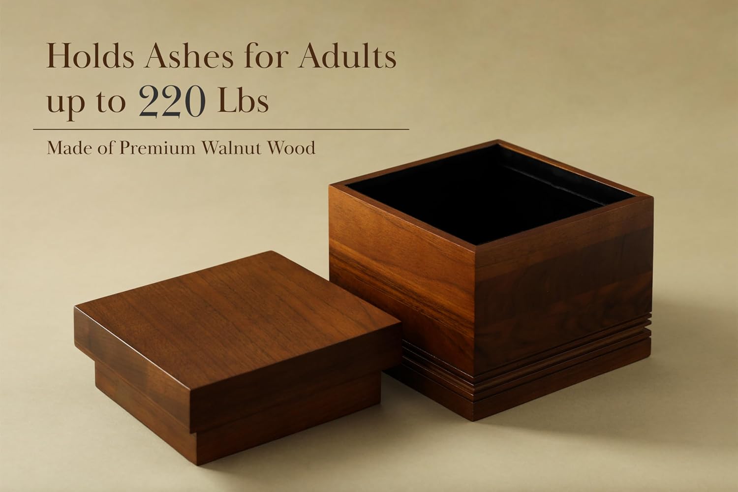 Communicates the urn's capacity for adult ashes and highlights the premium material used in construction. Emphasizes the use of premium walnut wood to convey quality and durability of the urn.