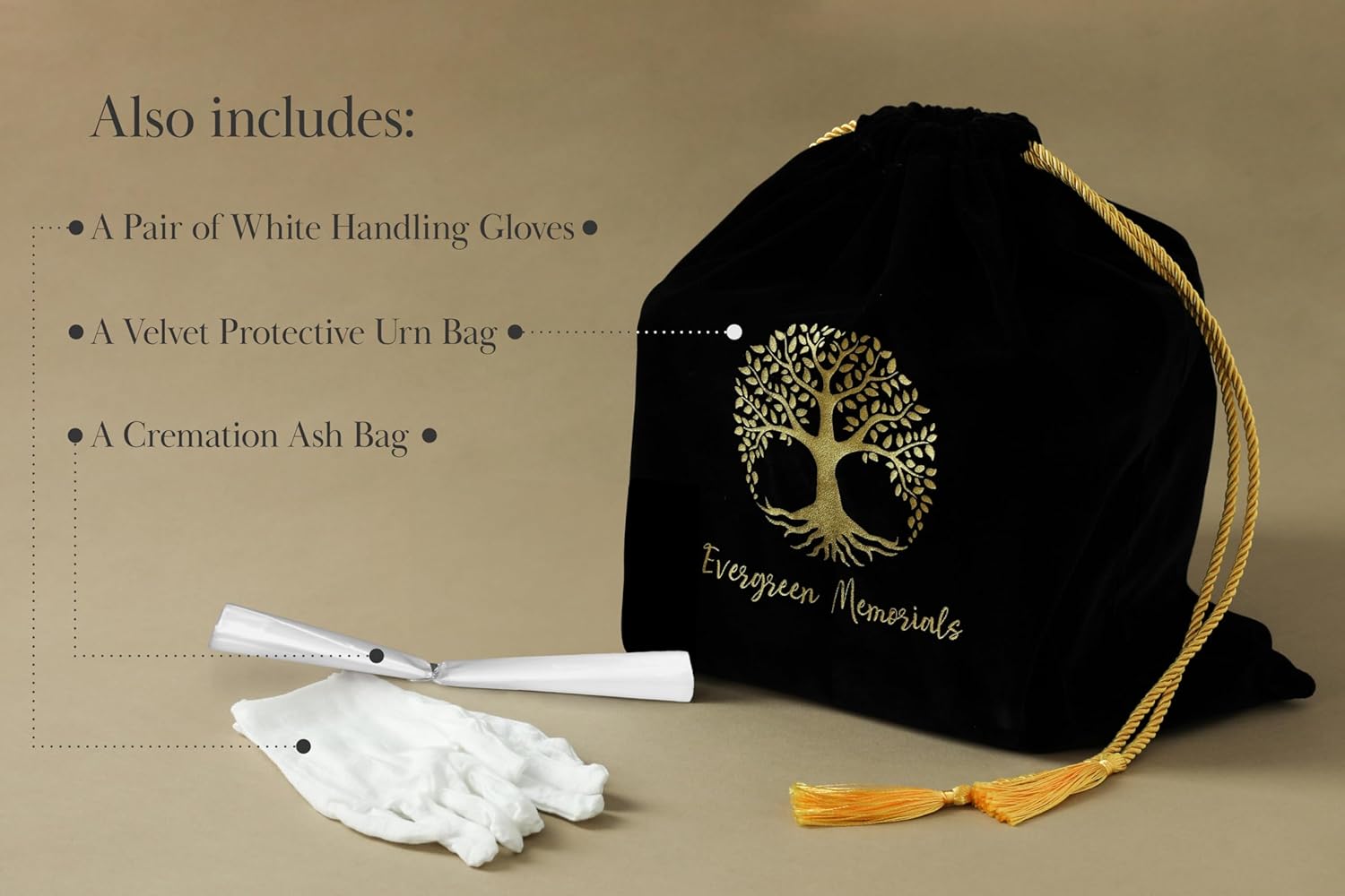 Shows the additional items included with the main product to reassure customers of the complete package they'll receive for handling cremated remains.