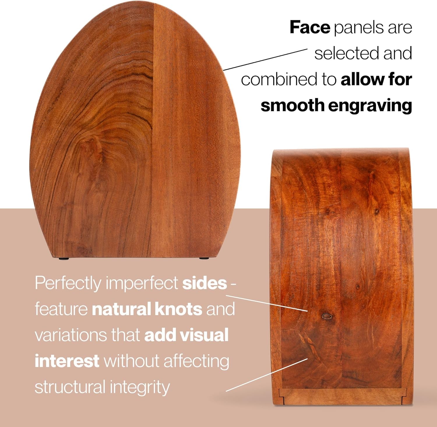 Highlights the craftsmanship and natural beauty of the wood panels, showcasing how they are selected and combined for optimal engraving and visual appeal.