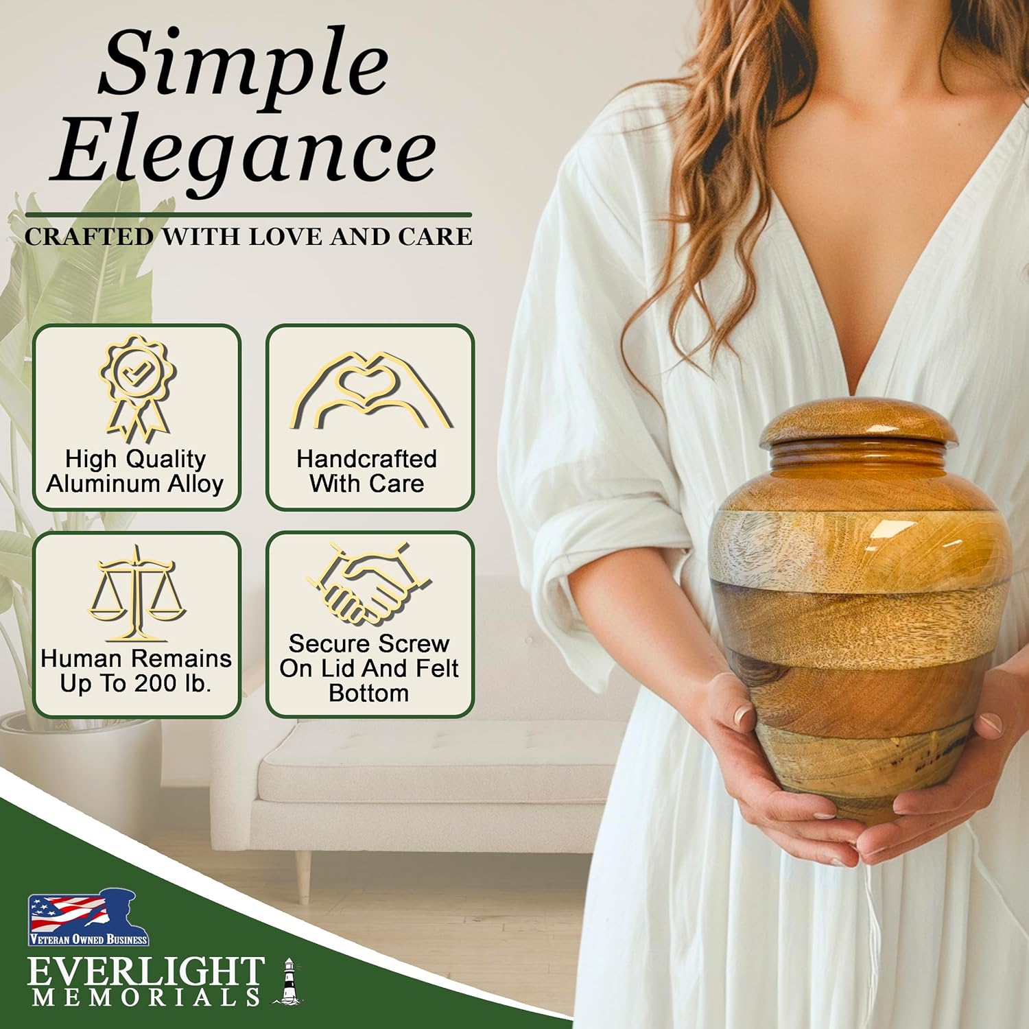 Highlights multiple key features of the urn to reassure customers about its quality, craftsmanship, and functionality.