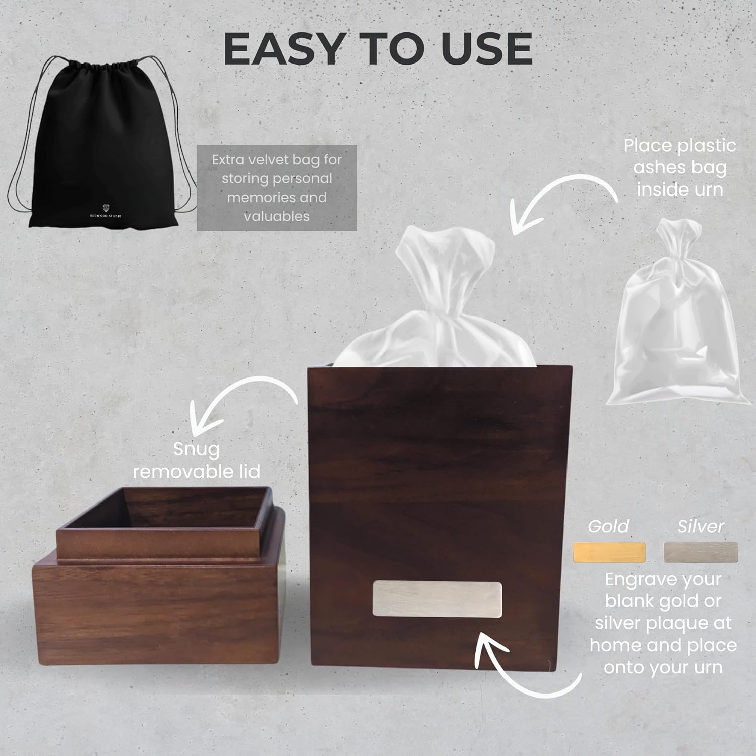 Demonstrates the simple steps to assemble and personalize the urn, reassuring customers about ease of use.