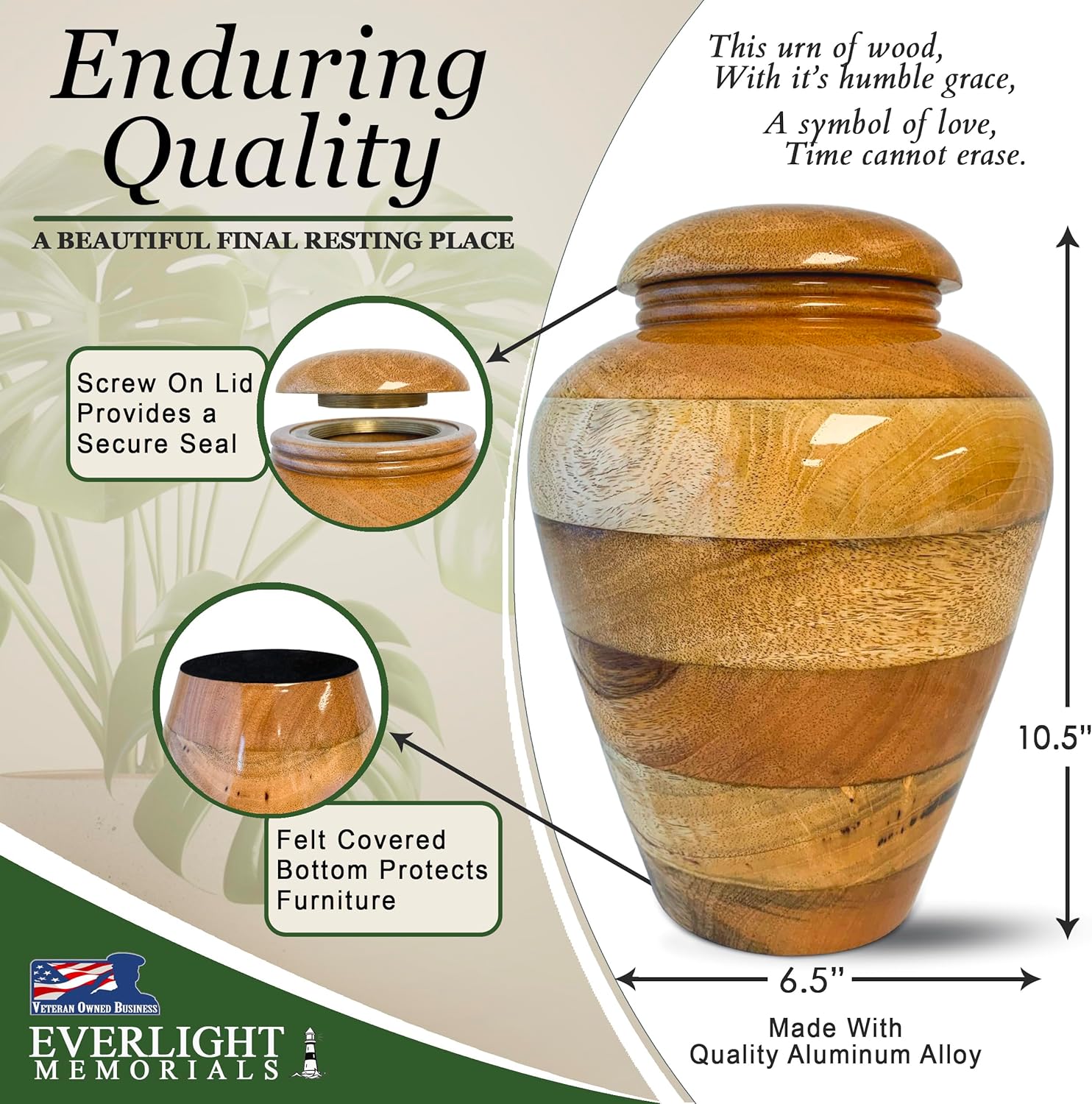 Highlights key features of the urn's construction to demonstrate its quality and functionality as a final resting place. Provides exact measurements of the urn to help customers understand its size…