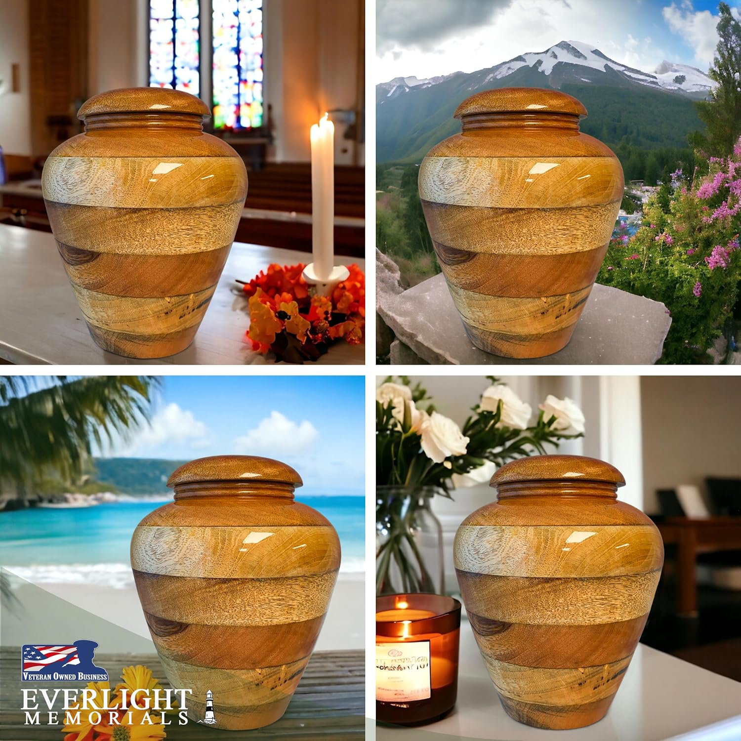 Demonstrates the versatility of the urn by showing it in various environments, suggesting it can be used or displayed in different settings.