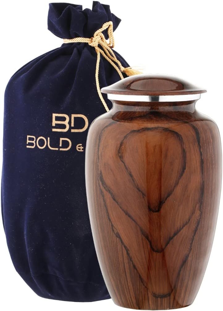 Shows the complete product package, including the wooden urn and the protective velvet storage bag.