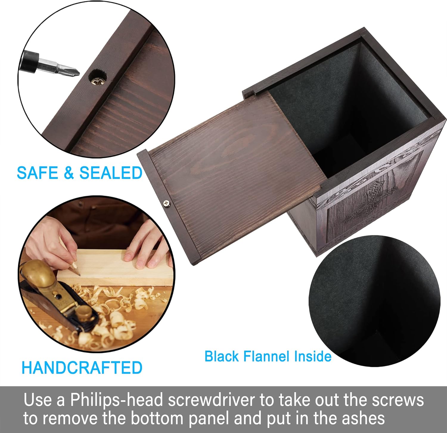 Highlights multiple quality features of the wooden box, including its secure closure, handcrafted construction, and protective interior lining.