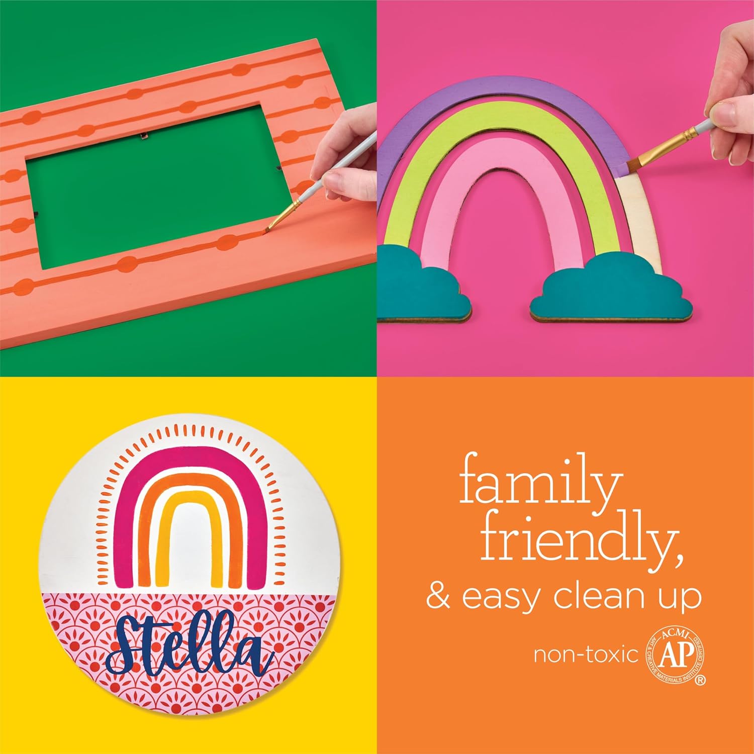 Highlights multiple benefits of the product, emphasizing its suitability for families, ease of cleaning, and safety. Shows how the product is used through visual examples of painting different…
