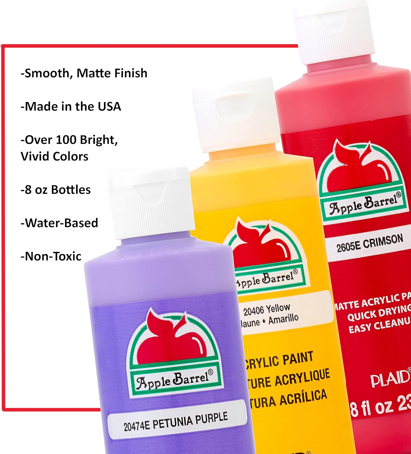 Highlights multiple key features and benefits of the Apple Barrel acrylic paint to showcase its quality and versatility for potential buyers.