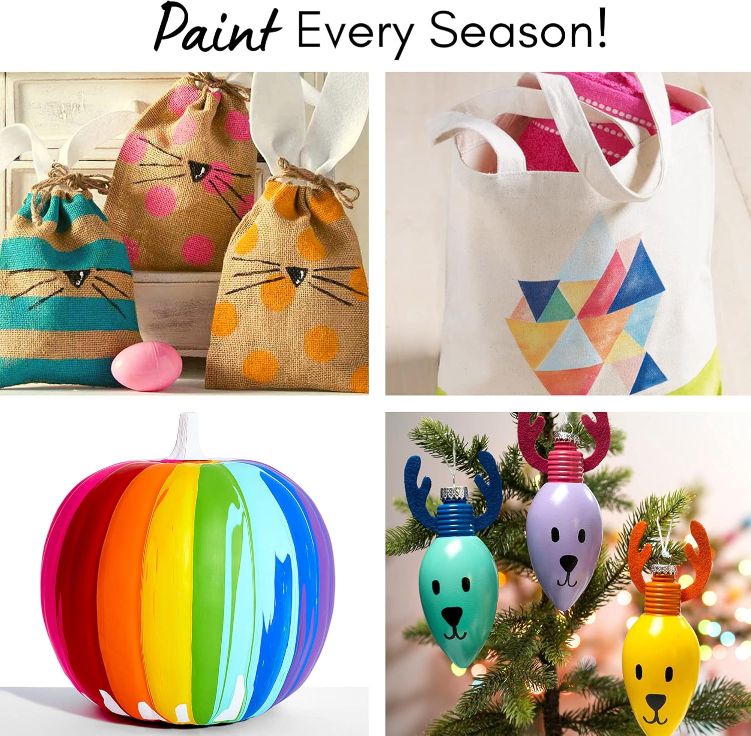 Demonstrates how the paint product can be used for various seasonal crafts and decorations throughout the year.