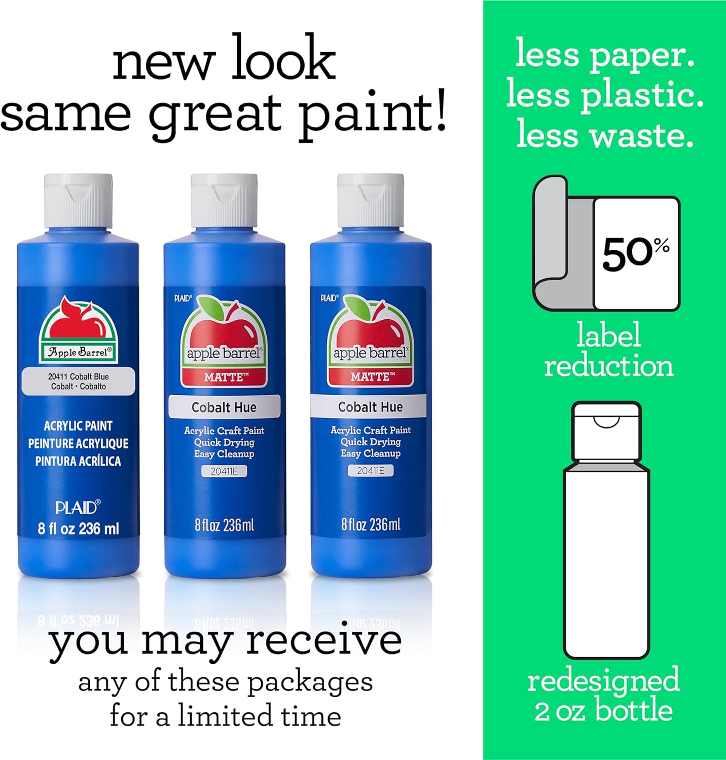 Informs customers about changes in product packaging while highlighting environmental benefits of the new design. Reassures customers that despite packaging changes, the paint quality remains the…
