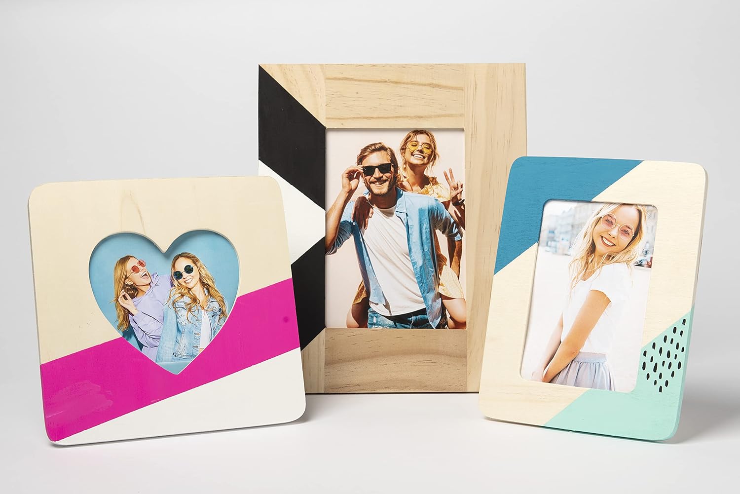 Showcases a set of decorative photo frames with different designs and shapes to highlight the variety included in the product.