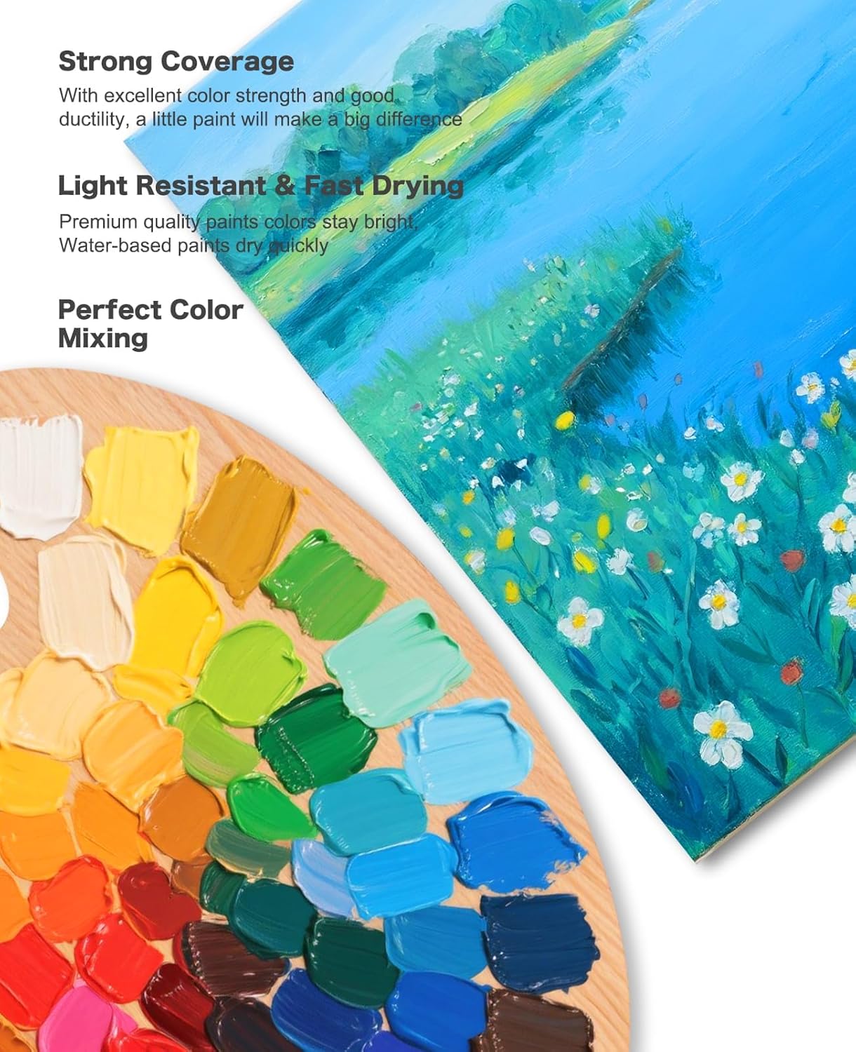 Highlights multiple key features of the paint product to demonstrate its quality and versatility for artists.
