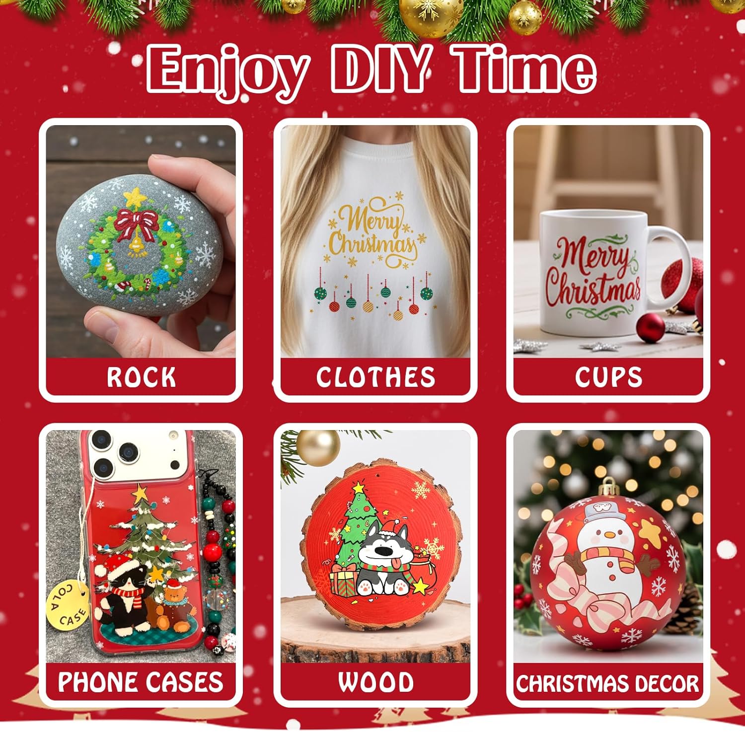Showcases various Christmas-themed DIY project ideas to inspire customers to create their own holiday decorations and gifts. Demonstrates multiple ways to apply Christmas designs to different…