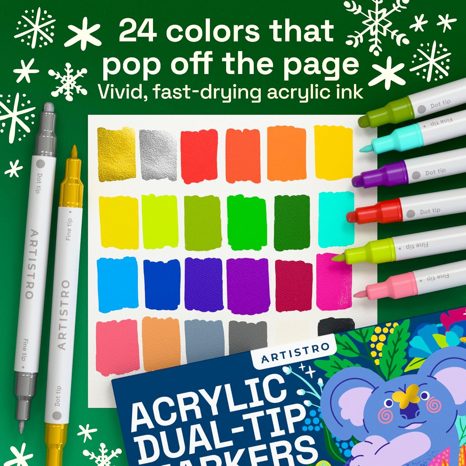 Highlights the product's festive appeal and vibrant color range, making it attractive for holiday-themed crafts and projects. Emphasizes the key feature of vibrant, quick-drying ink to attract…