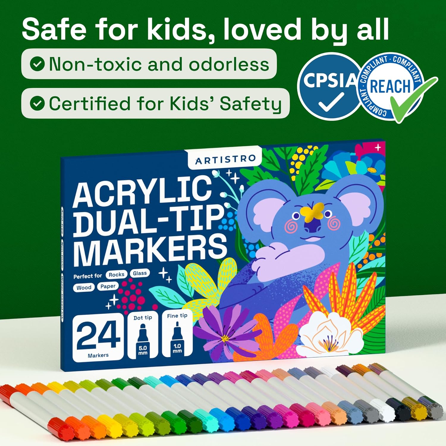 Reassures parents that the product is safe for children to use, highlighting its non-toxic nature and safety certifications. Showcases multiple features of the product, including its dual-tip design…