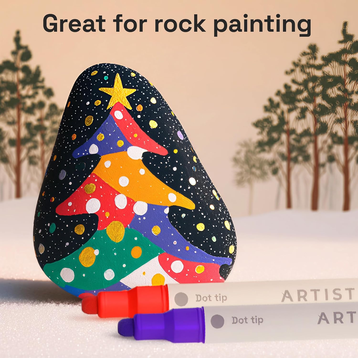 Demonstrates a creative use case for the product, showing how it can be used for detailed rock painting projects. Highlights the product's dot tip feature, which allows for creating detailed designs…