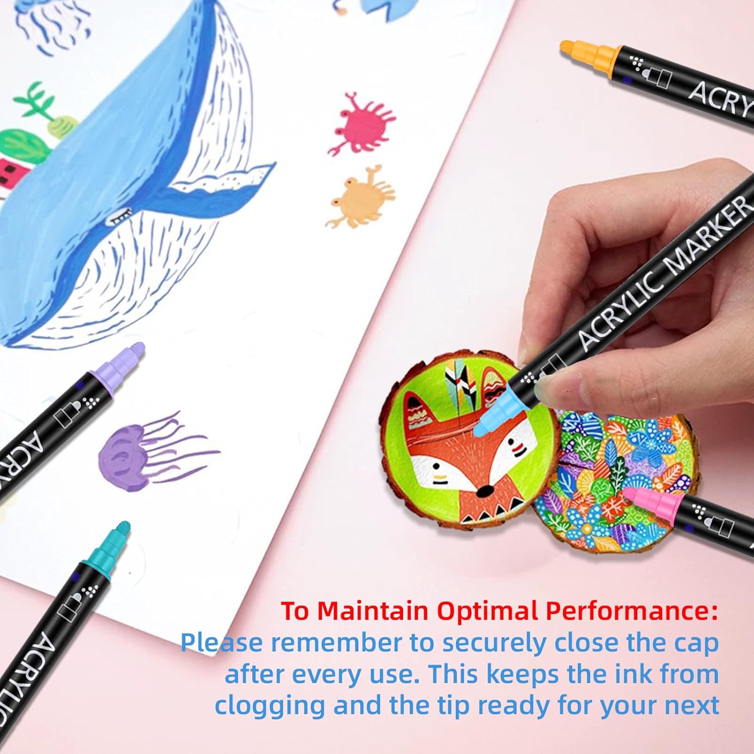 Instructs users on how to maintain the performance of the acrylic markers by closing the cap after each use. Showcases the various creative applications of the acrylic markers, from detailed…