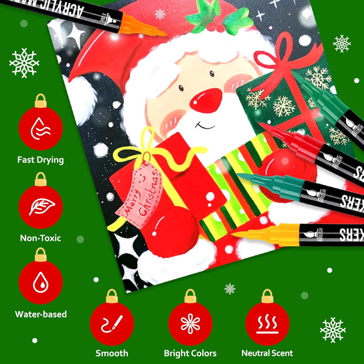 Promotes the product as a festive Christmas gift or activity, appealing to holiday shoppers. Highlights multiple key features of the markers to showcase their quality and safety for holiday crafting.