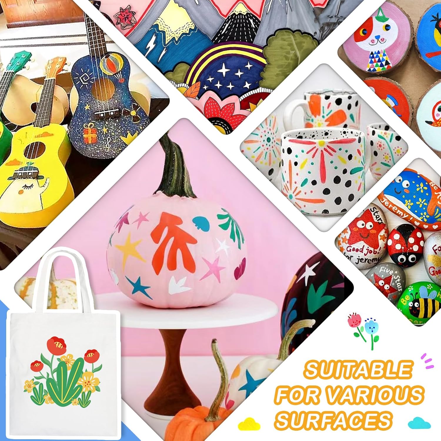 Showcases the variety of objects and surfaces that can be decorated using the product, demonstrating its versatility for different creative projects.