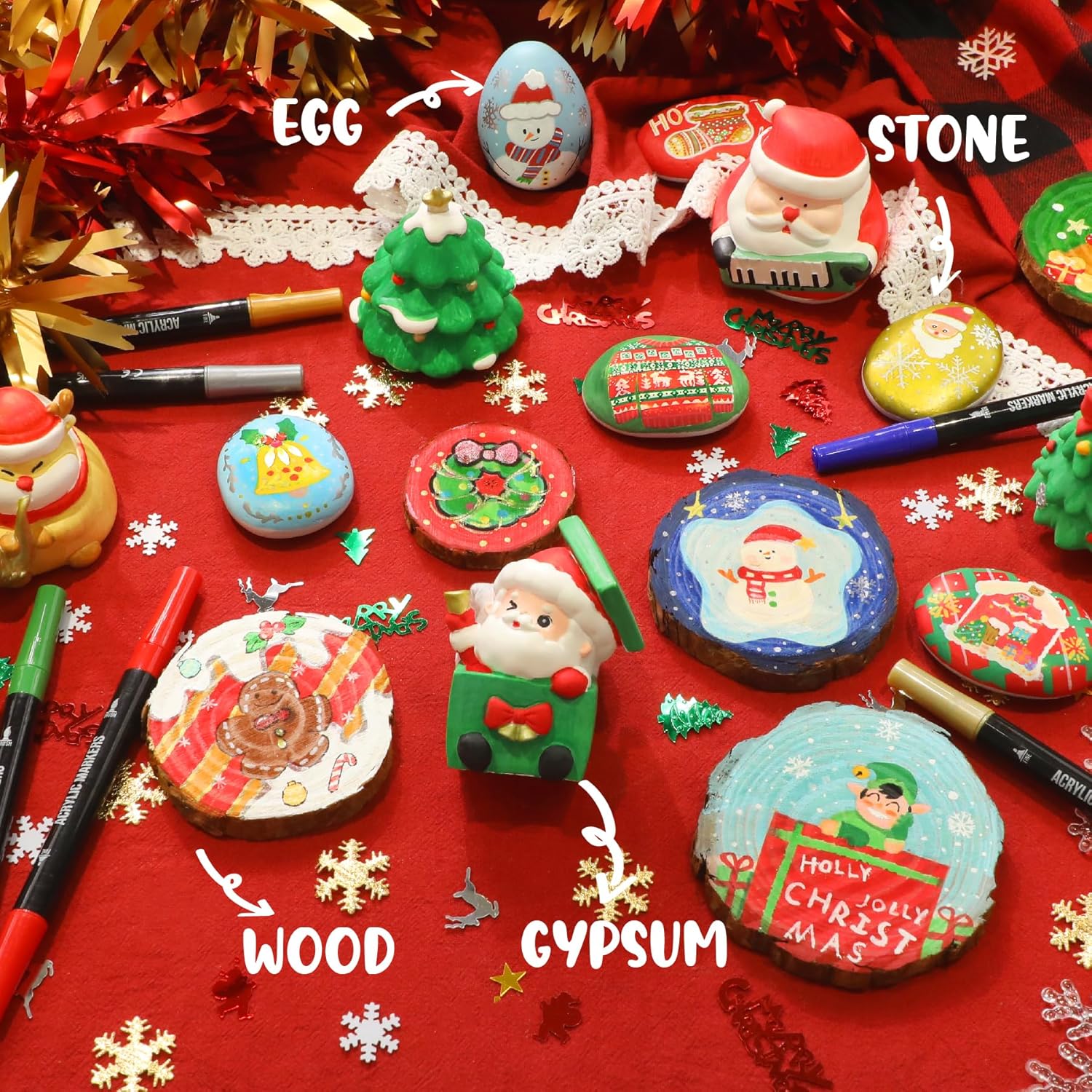 Showcases various Christmas-themed craft items to inspire holiday creativity and DIY projects. Displays the range of materials and finished products included in a Christmas craft kit.