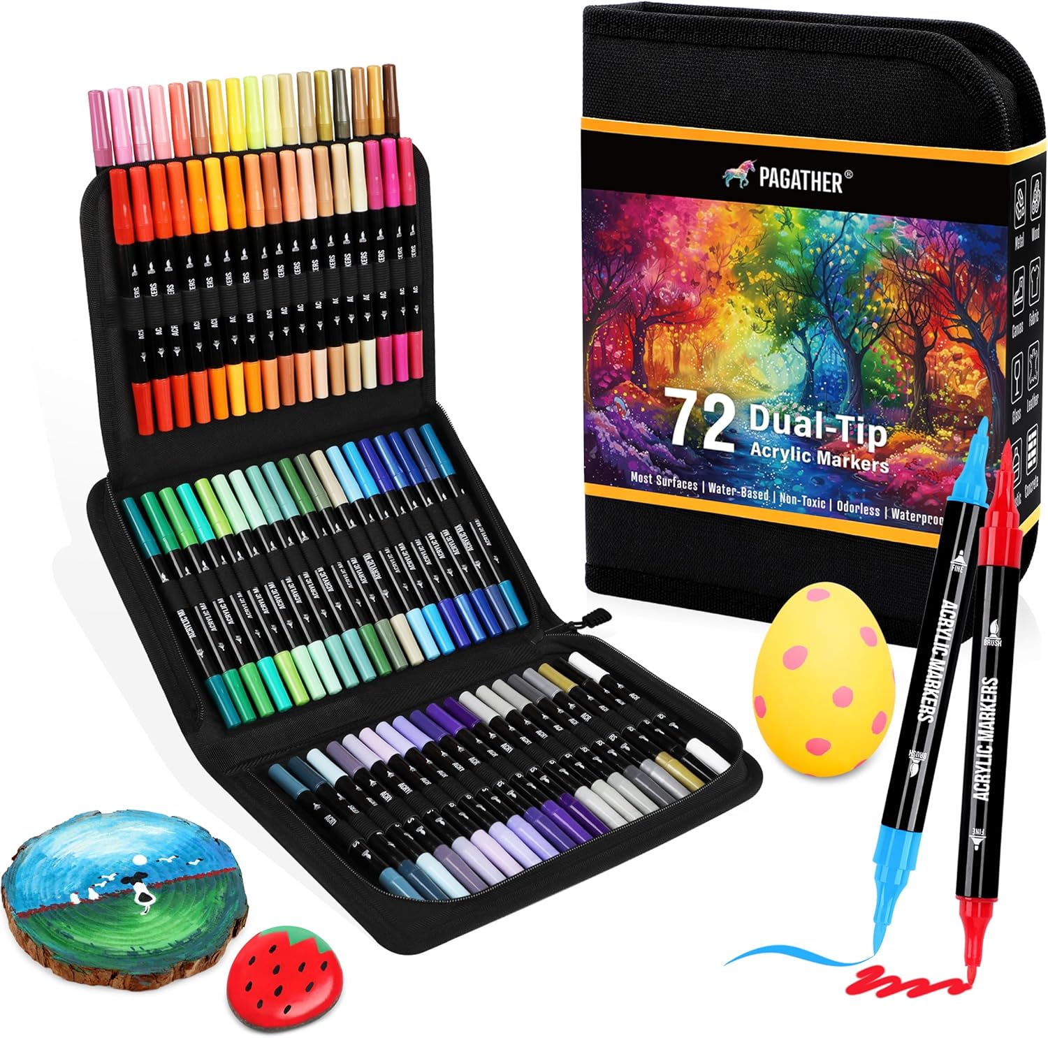 Shows the complete set of markers included in the package, highlighting the variety of colors and convenient storage case.