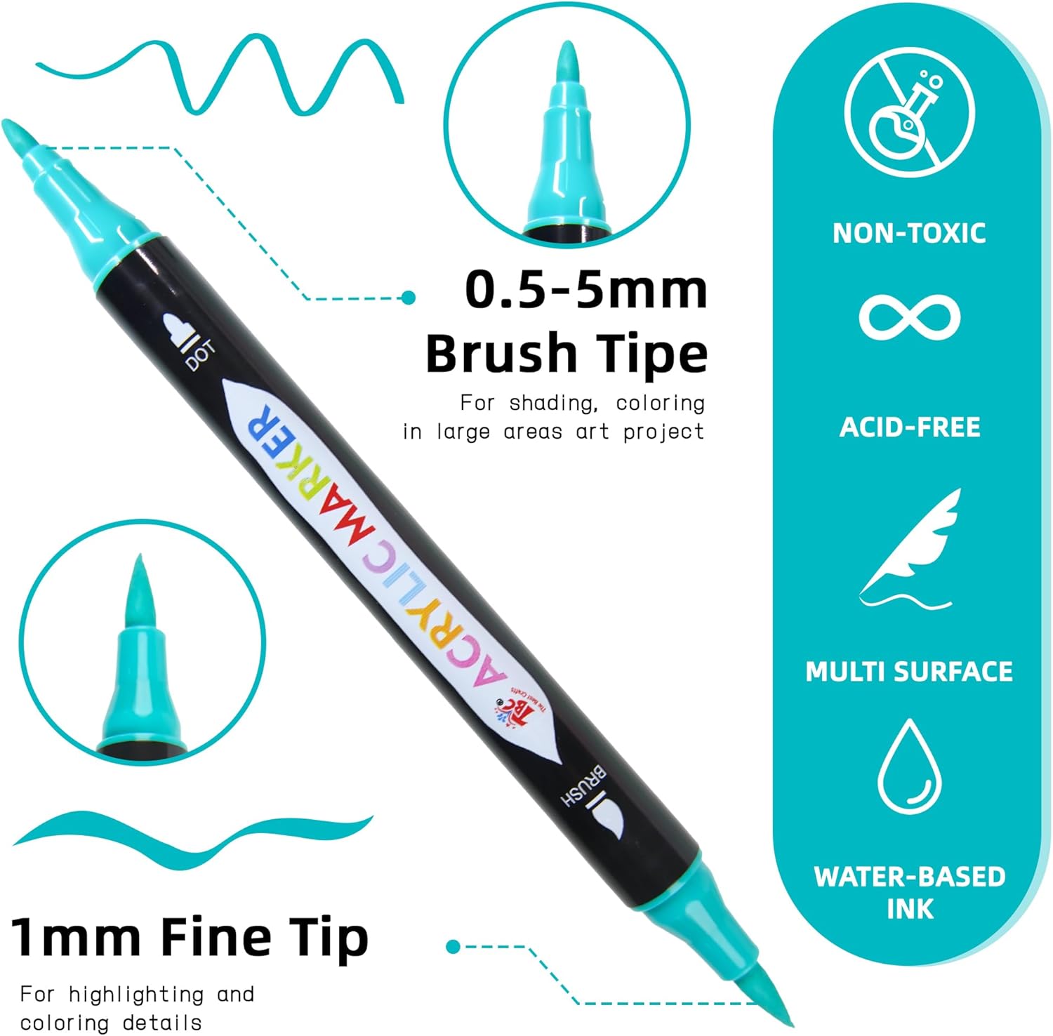 Highlights multiple key features and benefits of the marker, emphasizing its versatility and safety for various uses.