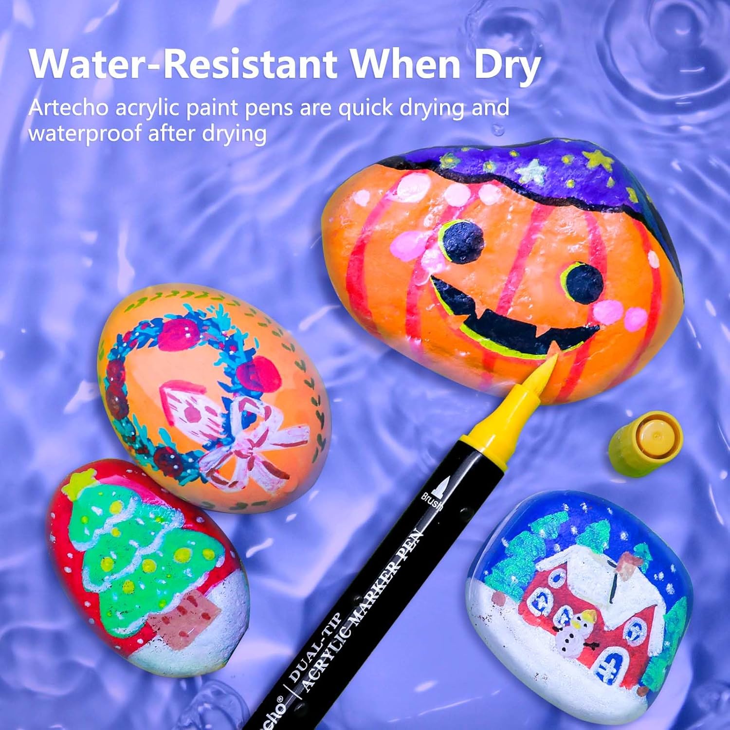 Highlights the water-resistant property of the acrylic paint pens when dry, reassuring customers about the durability of their artwork.