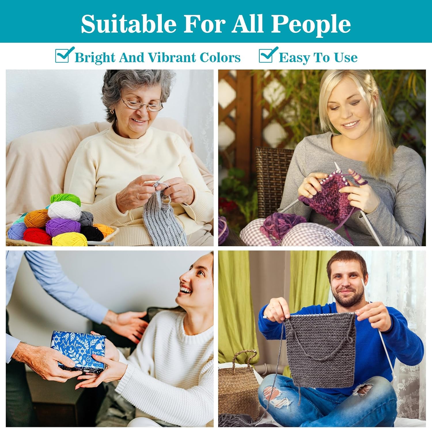 Demonstrates that the product (likely knitting or crafting supplies) is suitable for people of all ages and skill levels, emphasizing its broad appeal and…